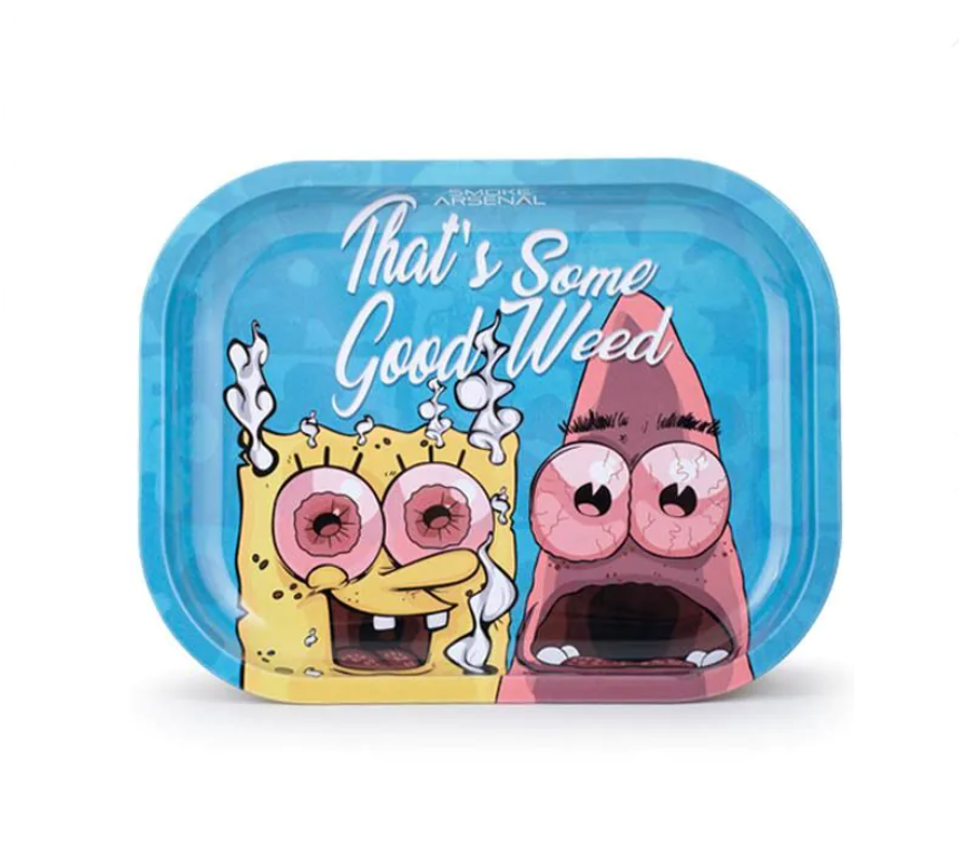 Blue rolling tray with raised rim and cartoon-style characters on top