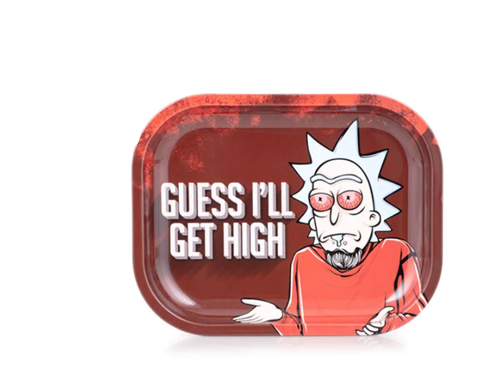 Smoke Arsenal rolling tray with red rim and Rick character graphic, text 'GET HIGH'