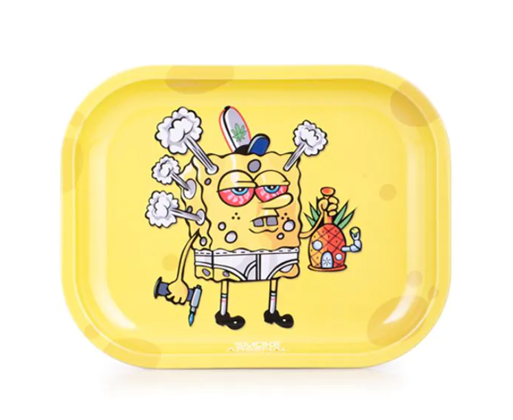 Yellow rolling tray with cartoon character and bong illustration, rectangular with rounded edges