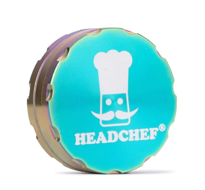 Iridescent chrome grinder top with teal Chef logo and HEADCHEF text