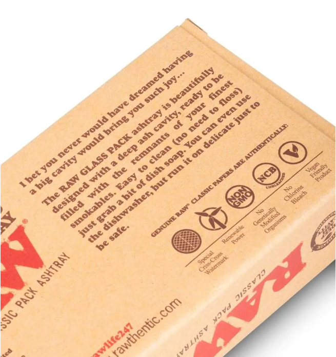 RAW Classic glass ashtray branded cardboard sleeve with warning text and icons