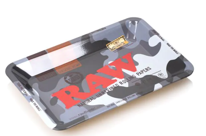 RAW metal rolling tray with urban camo design and transparent cover