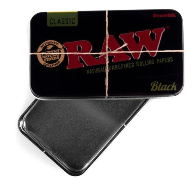 Black tin rolling paper box, lid open showing textured metal tray