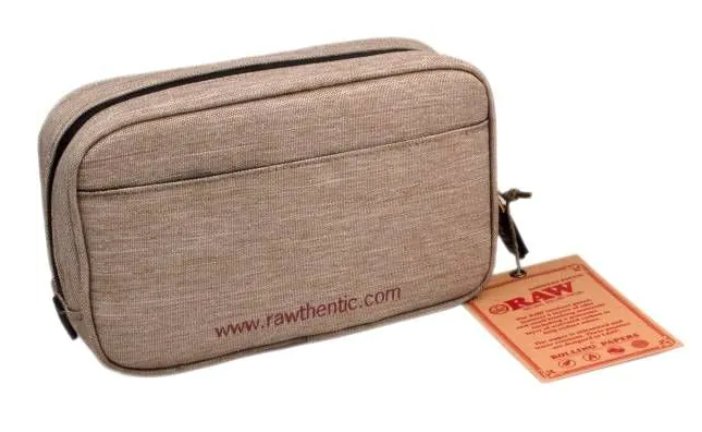 Beige pouch bag with printed website logo and metal zipper pull