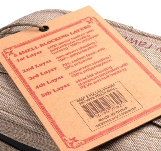Paper hang tag with layer materials text, barcode, and pouch bag labeling
