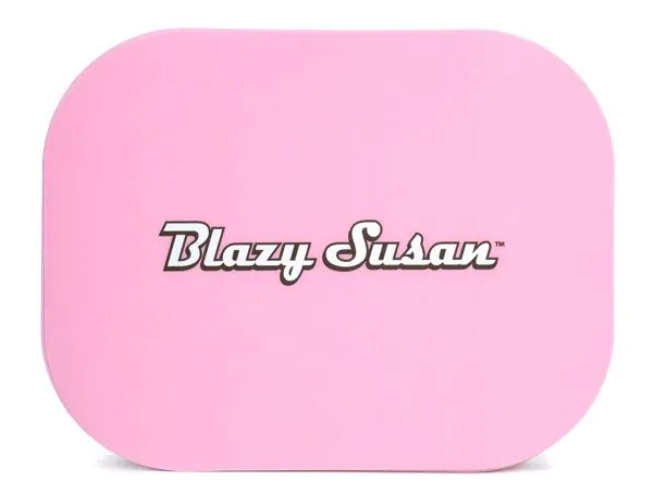 Pink metal tray lid with BLAZY SUSAN logo, smooth rounded rectangular shape.