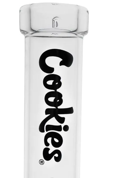 White glass beaker bong with large black Cookies logo on tube
