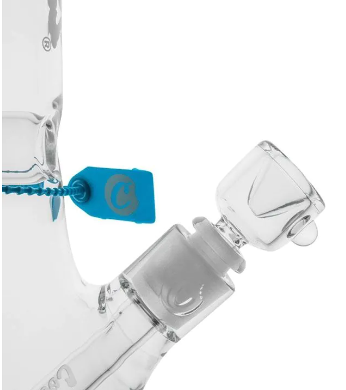 White glass beaker bong with blue tag and angled percolator section