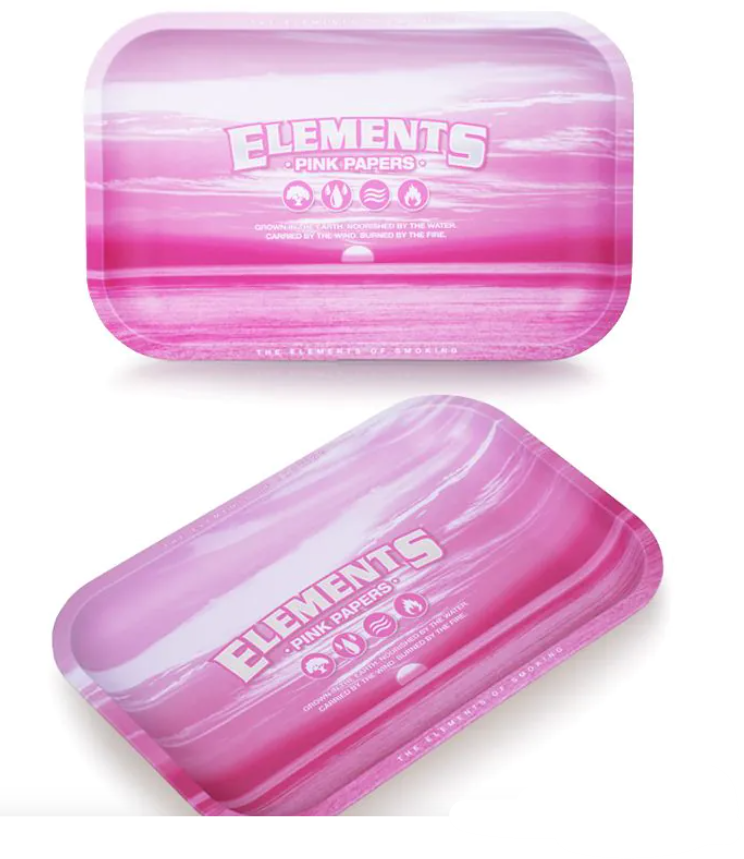 Pink metal rolling tray with Elements Pink Papers graphic, angled view