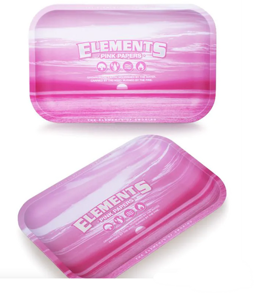 Pink metal rolling tray with Elements Pink Papers graphic, angled view