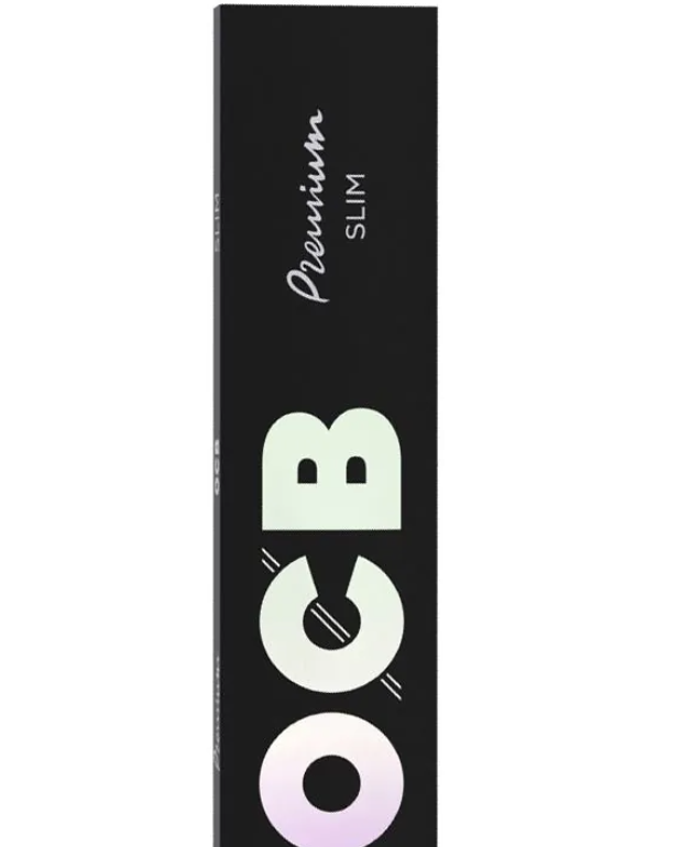 Slim rolling paper box panel with OCB logo, Premium text, black with pink circle