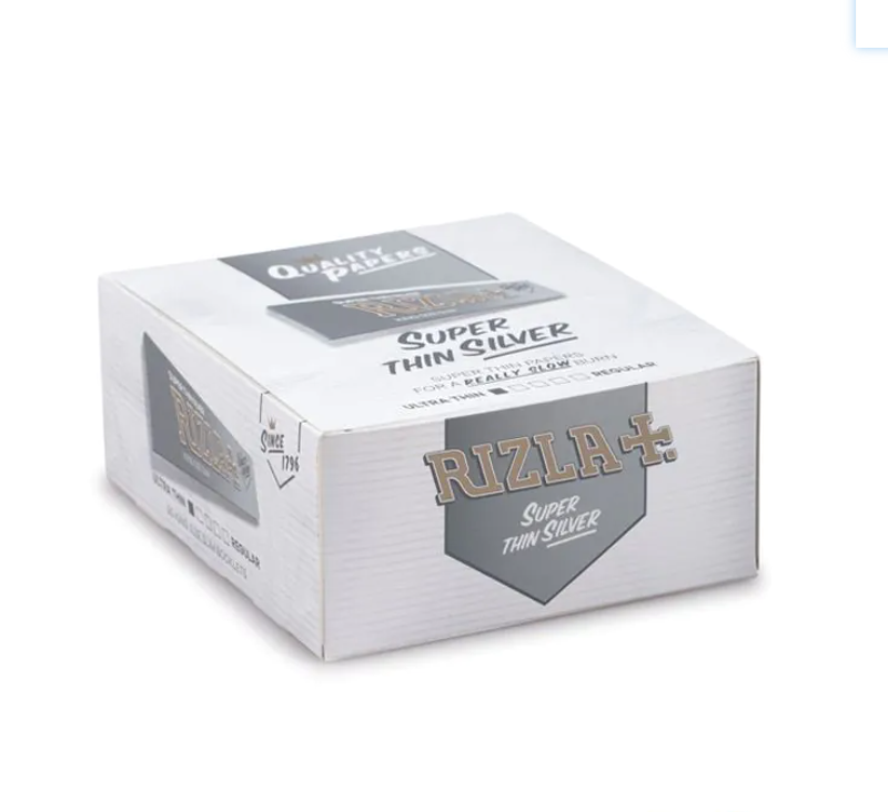 King size slim rolling papers box, silver with RIZLA+ logo and Super Thin Silver text