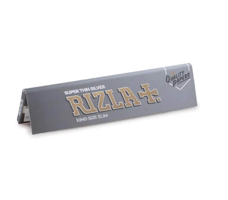 King size slim rolling paper pack sleeve, silver gray with RIZLA+ and Quality Papers badge