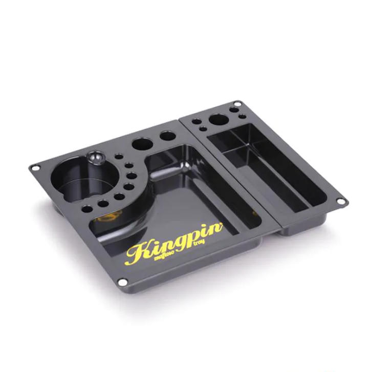 Black rolling tray insert with compartment channels, circular cup, and KINGPIN logo