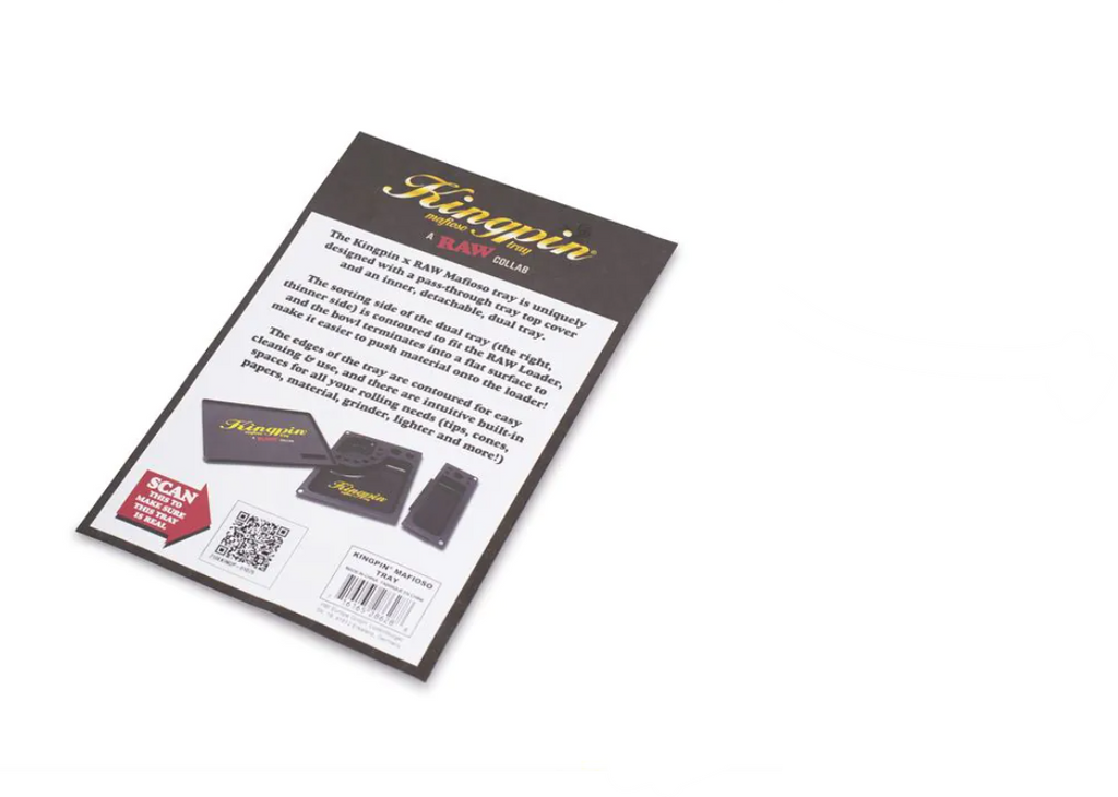 KINGPIN X RAW Mafioso rolling tray instruction card with product details and QR code