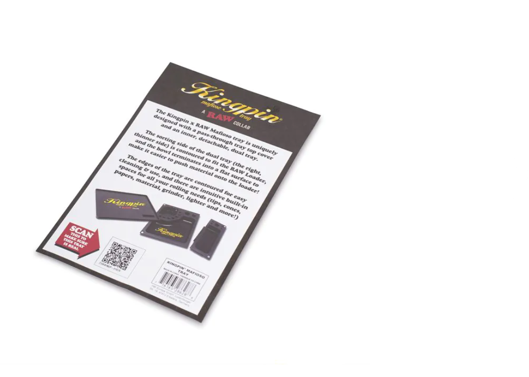 KINGPIN X RAW Mafioso rolling tray instruction card with product details and QR code