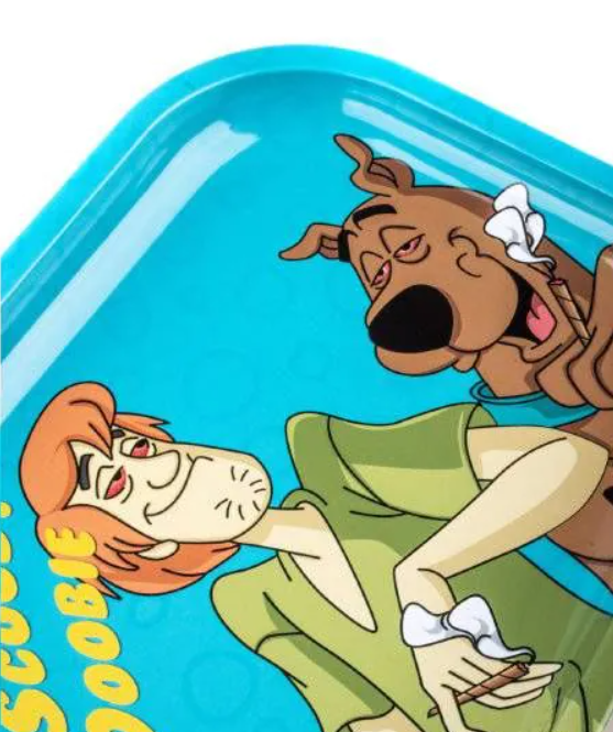 Turquoise metal rolling tray with Scooby-Doo and Shaggy cartoon scene