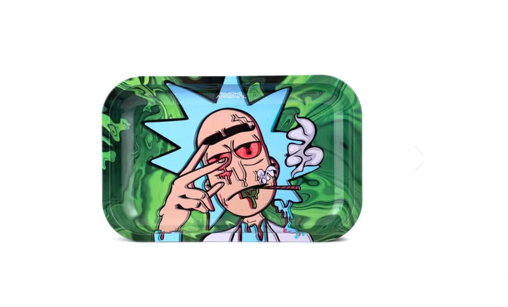 Green rolling tray with cartoon face and blue star graphic, smoke trail