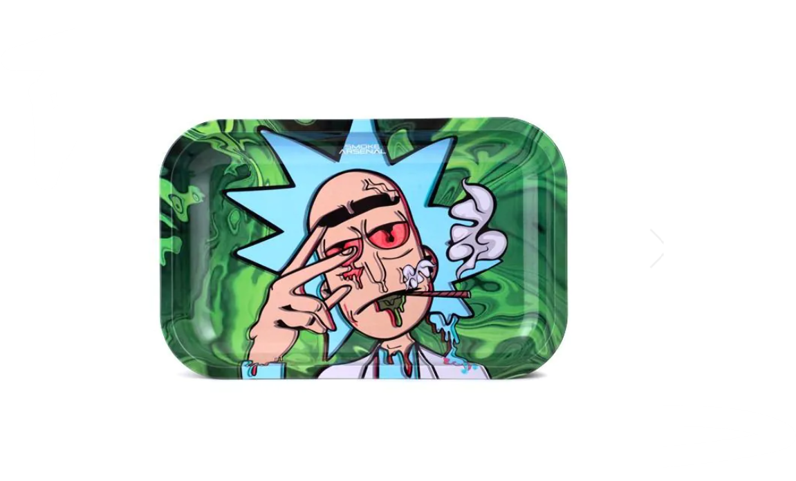 Green rolling tray with cartoon face and blue star graphic, smoke trail