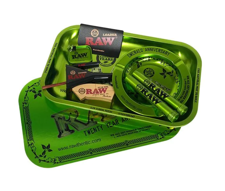 Emerald green RAW anniversary gift set tray with rolling papers and tools