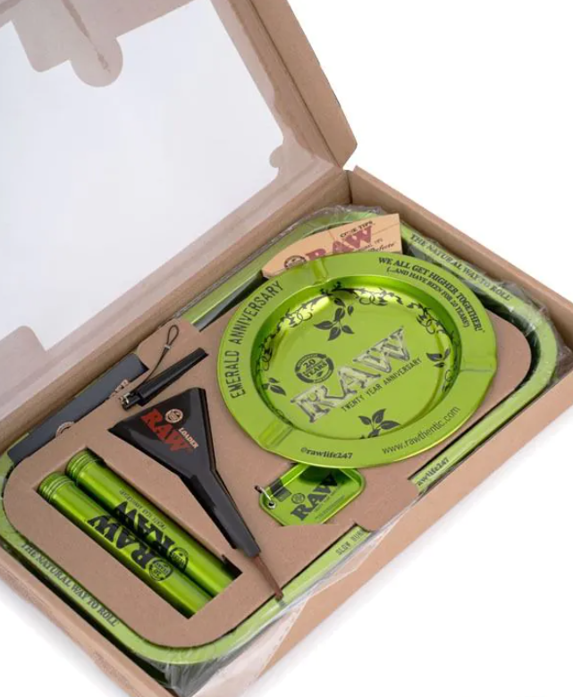 Open emerald RAW gift set in wooden box with green rolling papers and tools