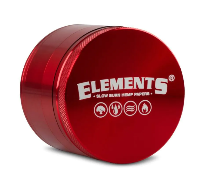 Red ELEMENTS grinder lid with flame and Slow Burn Hemp papers icons