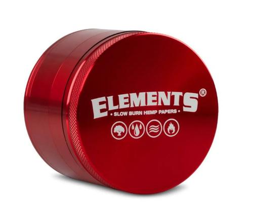 Red ELEMENTS grinder lid with flame and Slow Burn Hemp papers icons