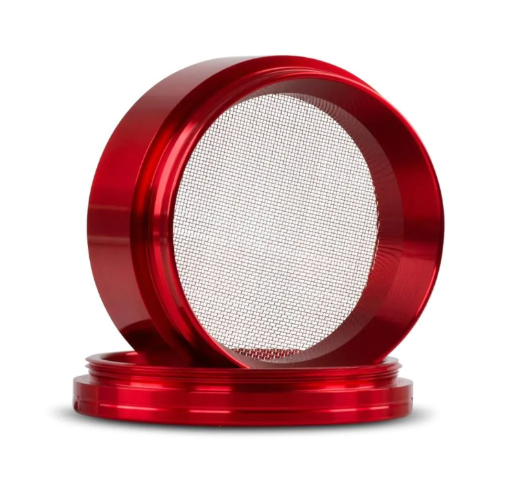 Red 62mm crystal catcher grinder with mesh screen on top