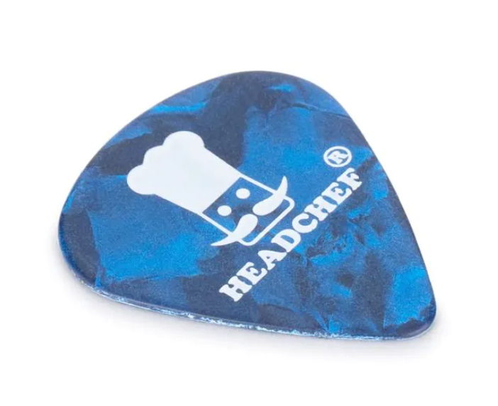 Blue iridescent grinder lid insert with chef icon and HEADCHEF logo