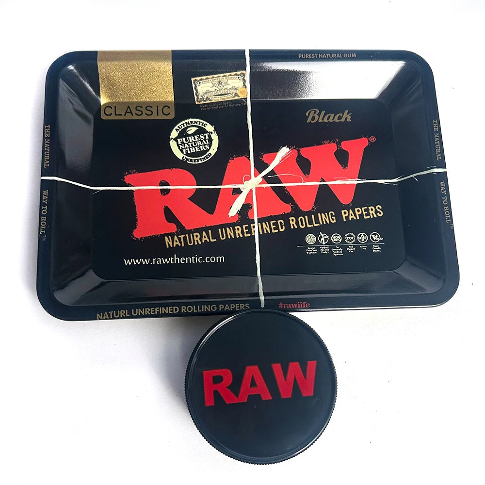RAW ashtray and grinder set with black rolling tray and round black grinder lid