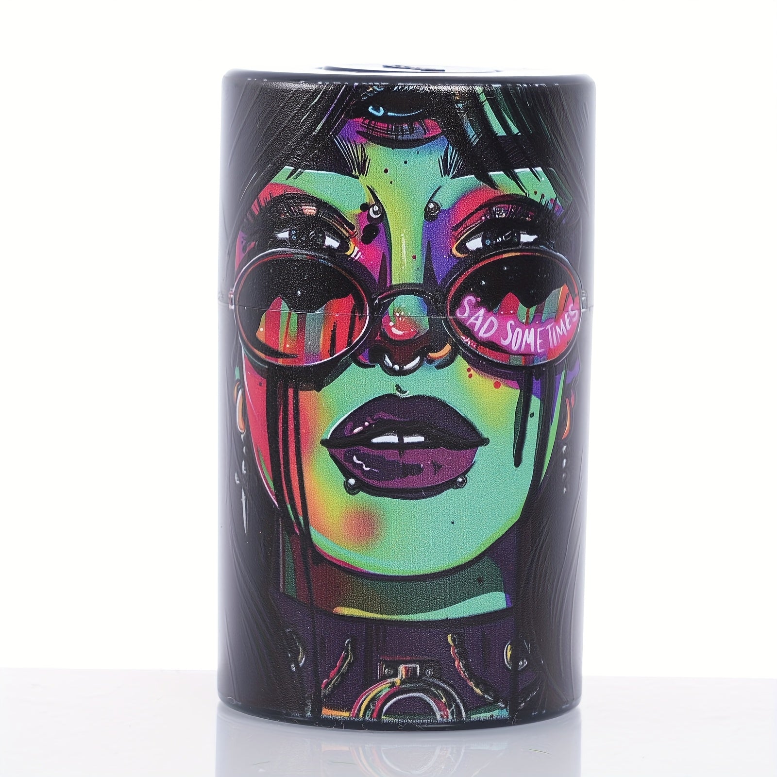 Airtight storage jar with colorful face graphic and “KEEP IT FRESH” lid
