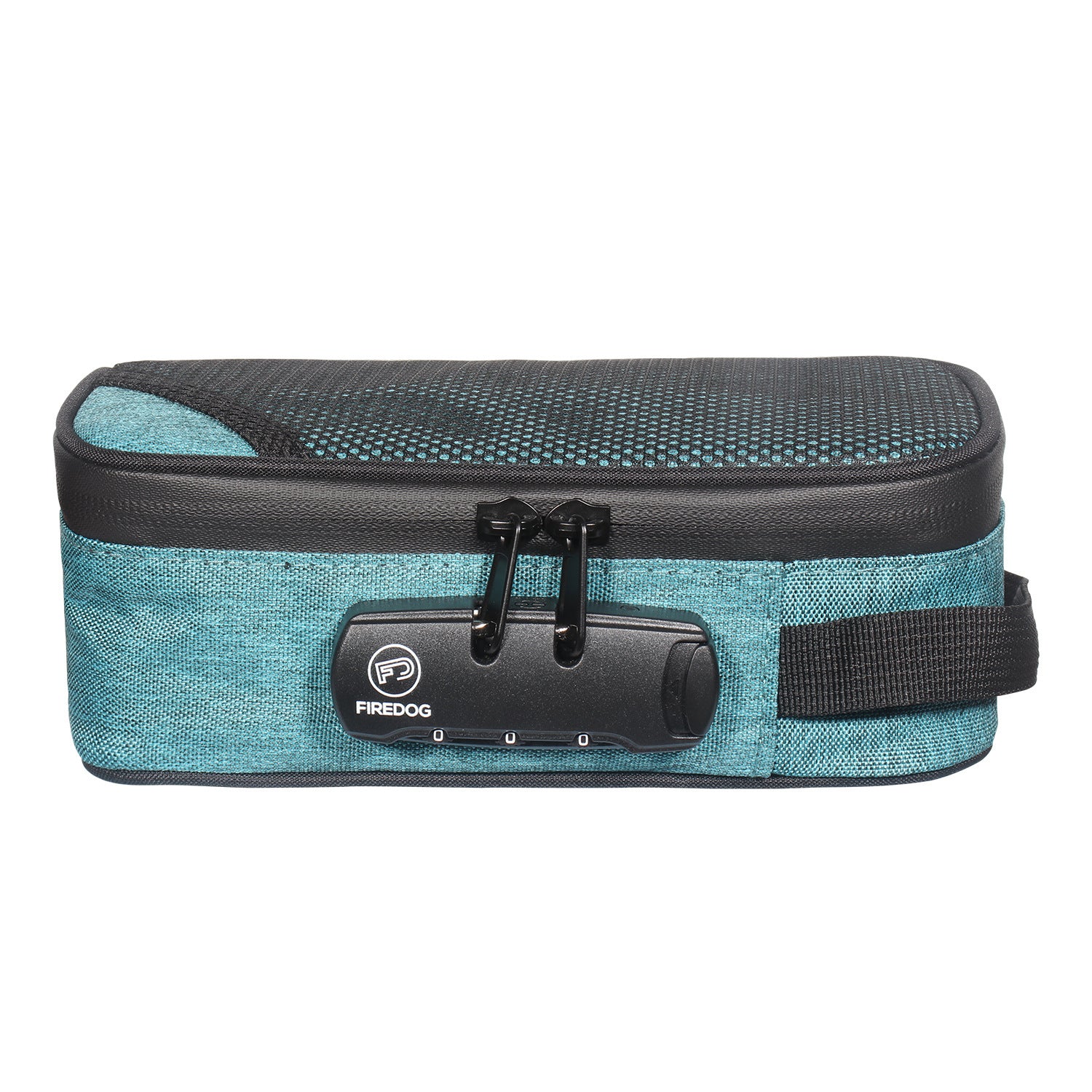 Portable smoking set bag, teal body with dark top, carry strap, and clasp.