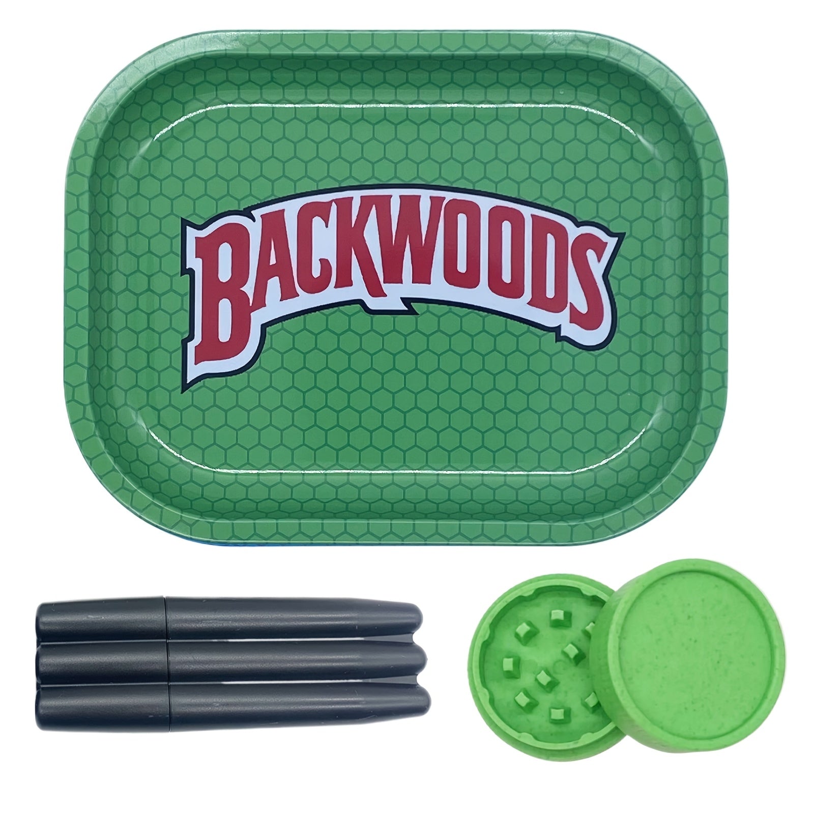 Backwoods rolling tray set: green tray, dark rolling papers, green grinder lid