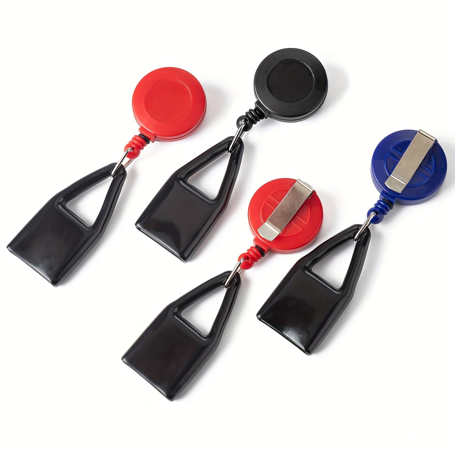 Set of 3 light keychain clips in red, black, and blue with triangular pouches