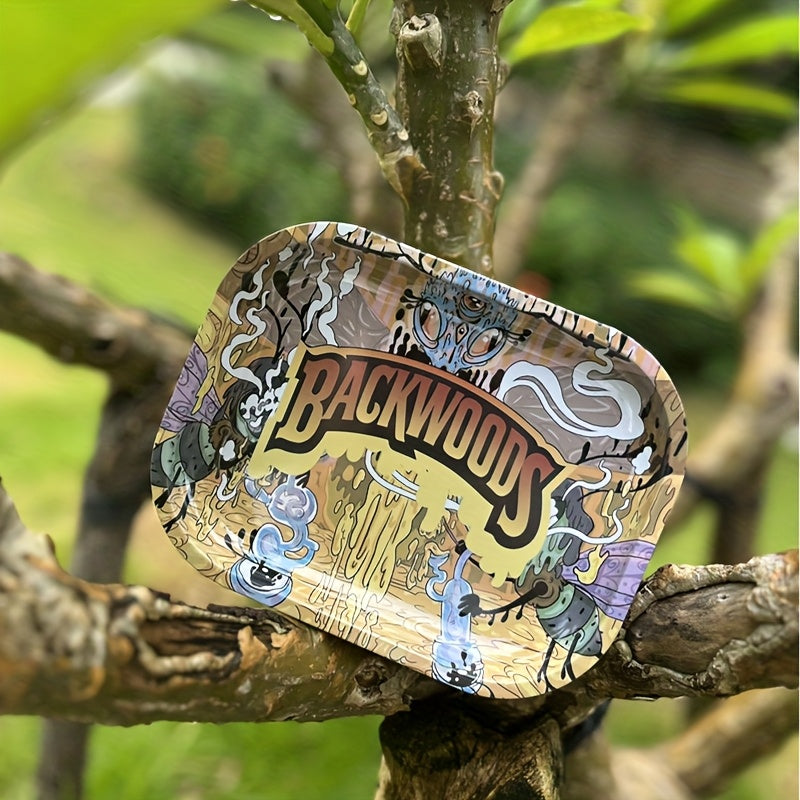 Rolling tray with storage tin, Backwoods graphic print, open tray on tree branch
