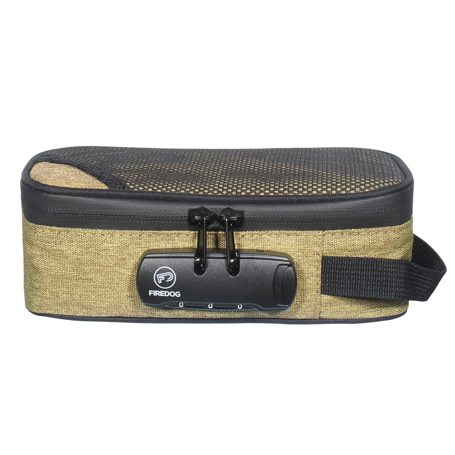 Smoking set bag, khaki fabric with black trim, zip top, strap, molded device holder.