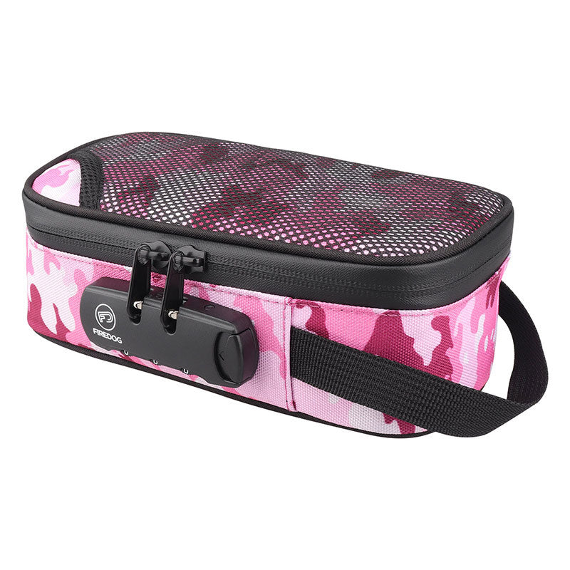 Portable smoking set bag, pink camo print with carry strap and clasp.