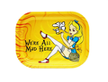 Yellow rolling tray with cartoon woman, dog graphic, and 'We’re All Mad Here' text