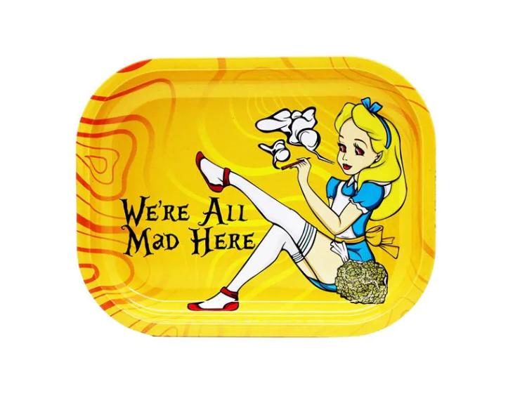 Yellow rolling tray with cartoon woman, dog graphic, and 'We’re All Mad Here' text