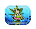 Rolling tray with rounded corners and cannabis leaf character illustration in green and blue