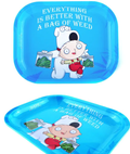 Blue smoke rolling tray with cartoon character holding green bags and slogan text