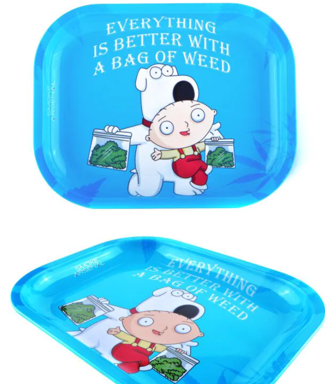 Blue smoke rolling tray with cartoon character holding green bags and slogan text