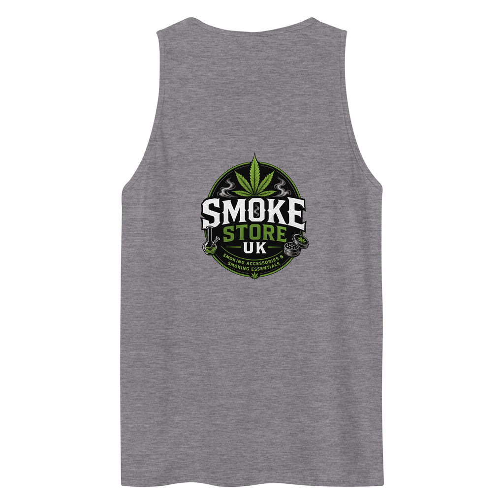 Men's premium athletic heather tank top with large center logo