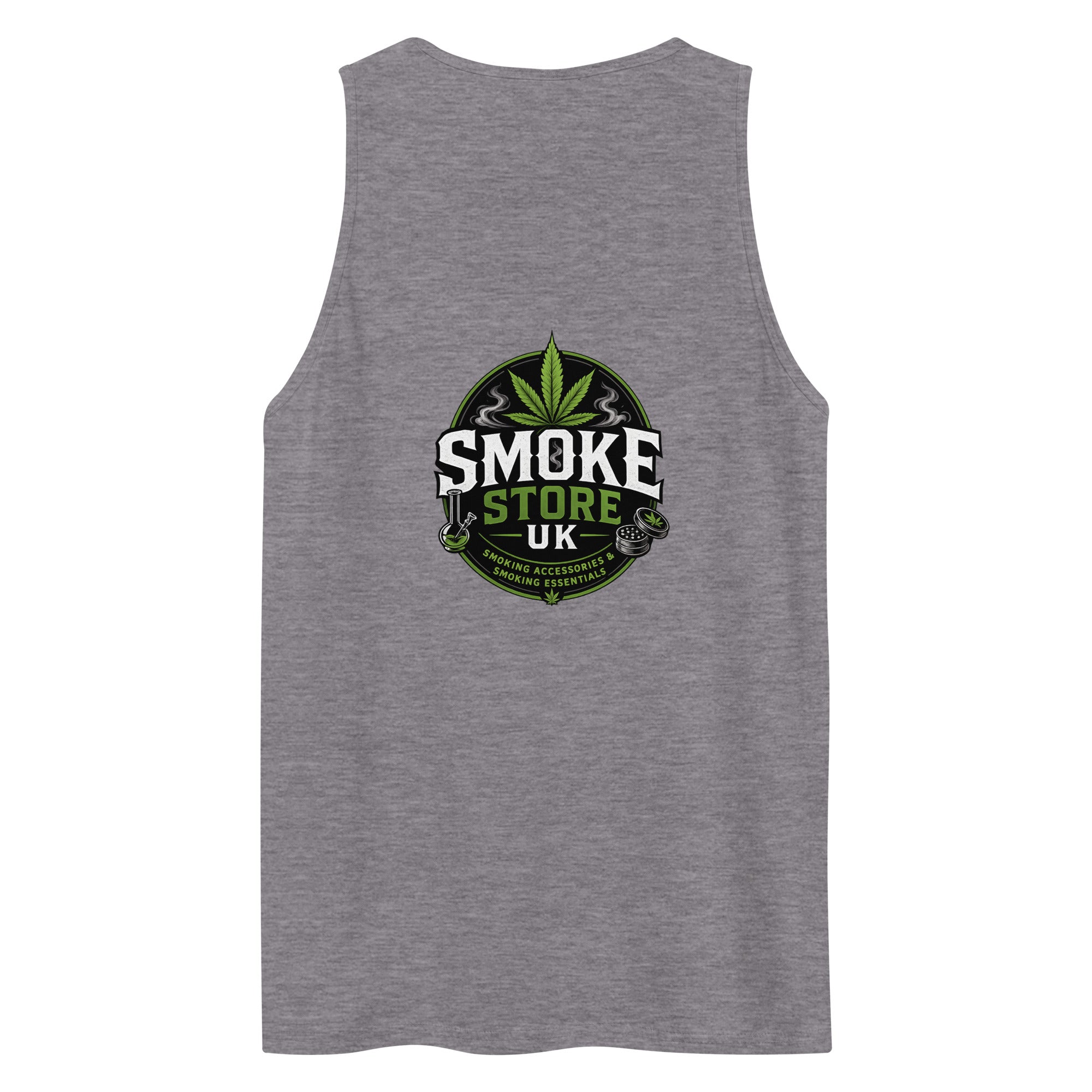 Men's premium athletic heather tank top with large center logo