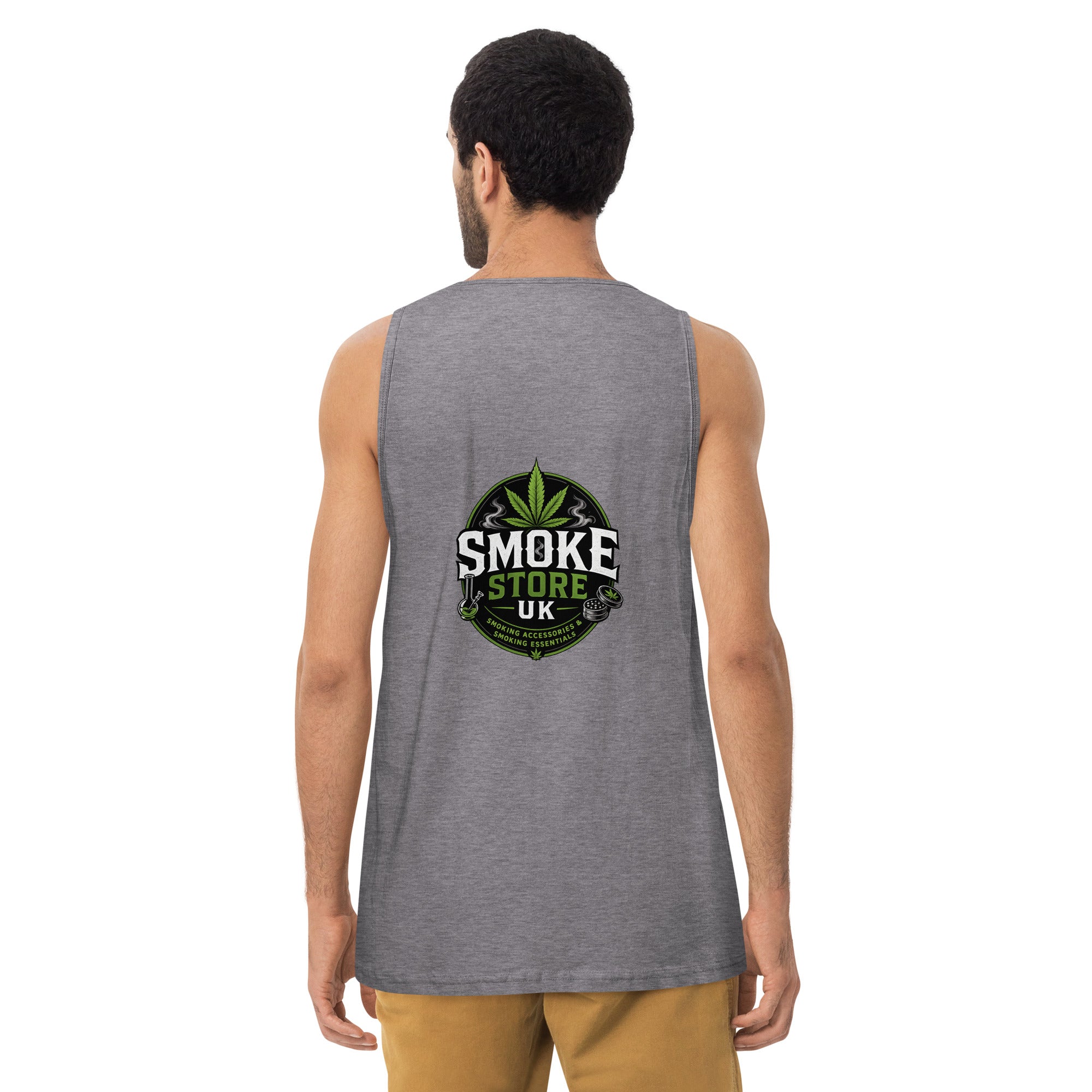 Men's premium gray tank top, back view with large center logo