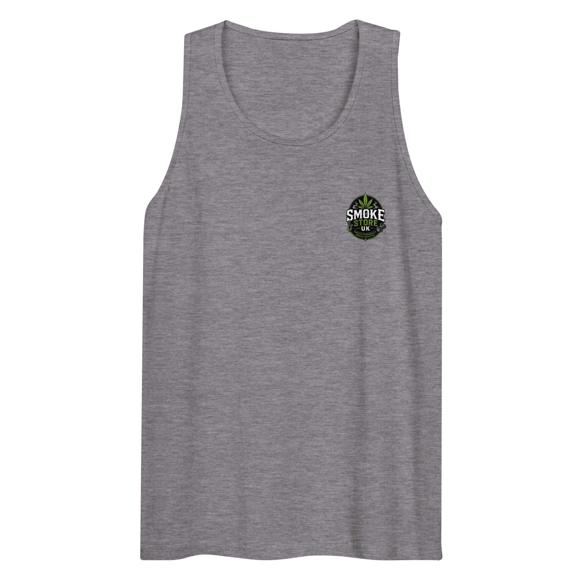 Men's premium athletic heather tank top with small chest logo