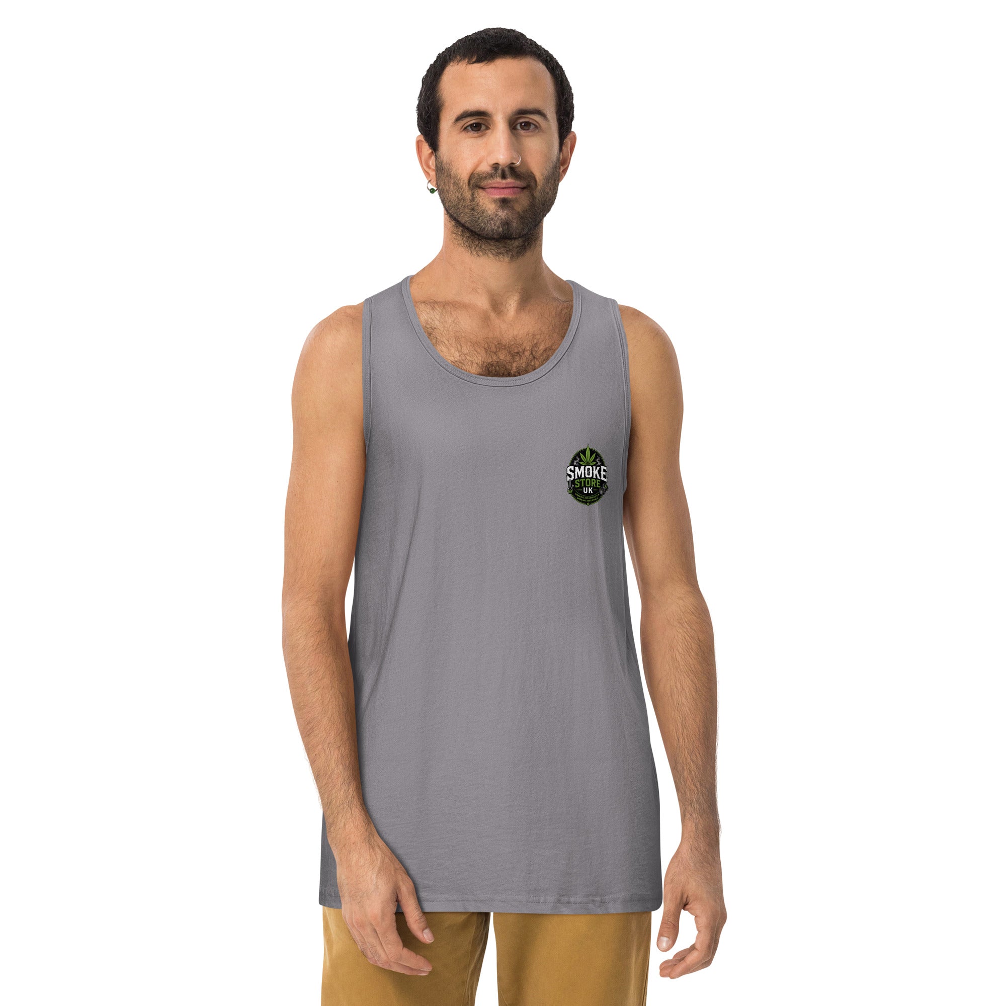 Men's premium gray tank top with scoop neck and small chest logo