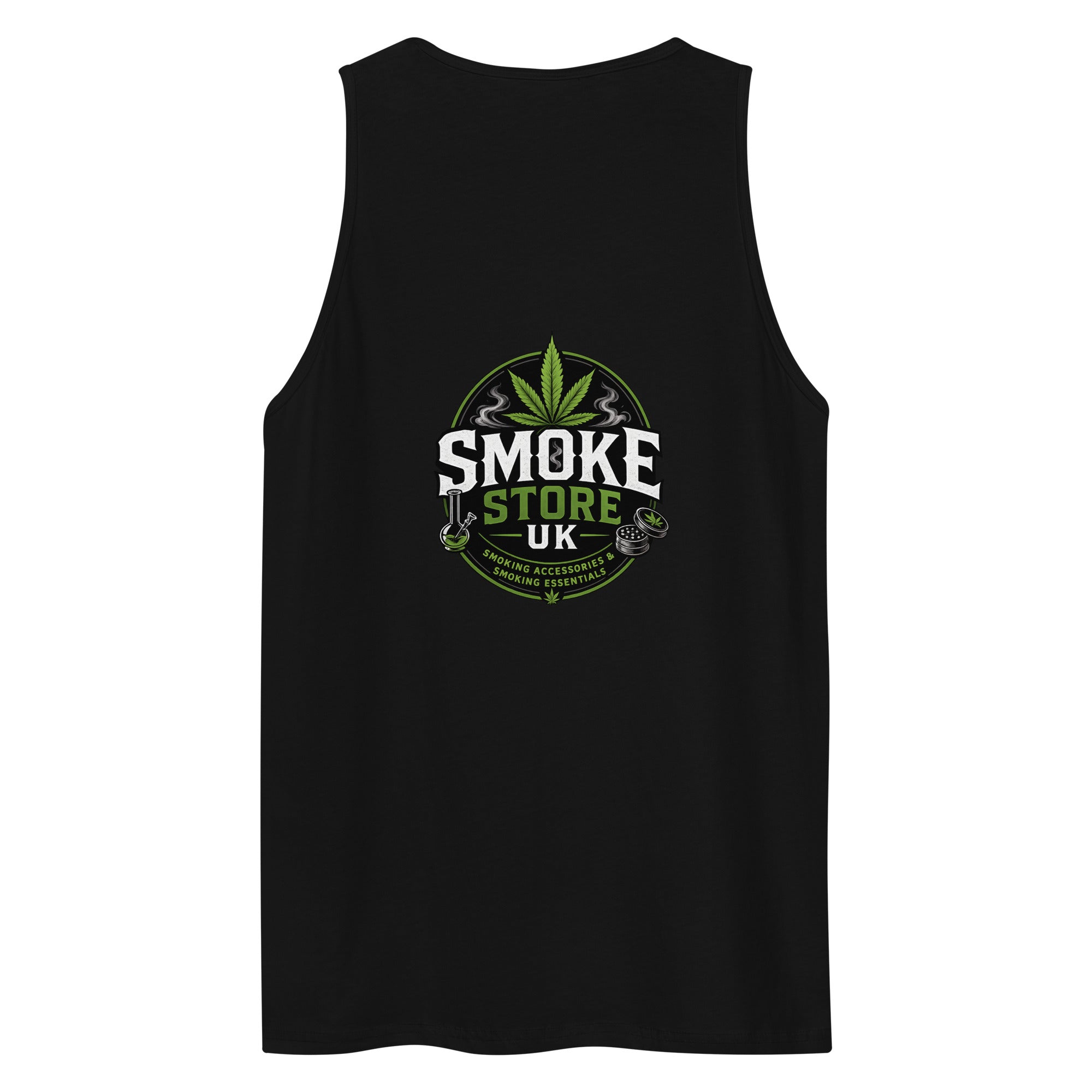 Men's premium black tank top with large chest graphic and scoop neck