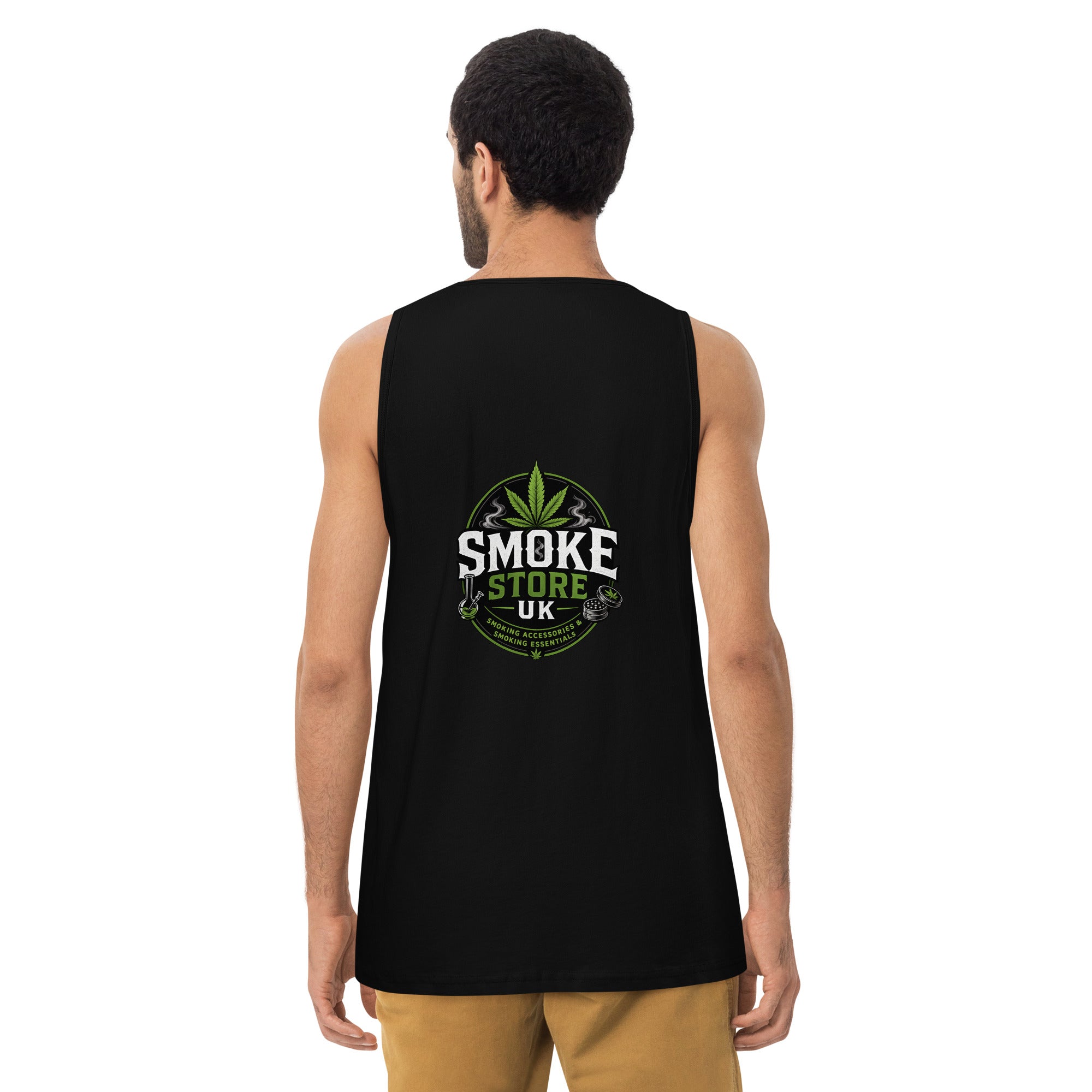 Men's premium black tank top, back view with large center logo