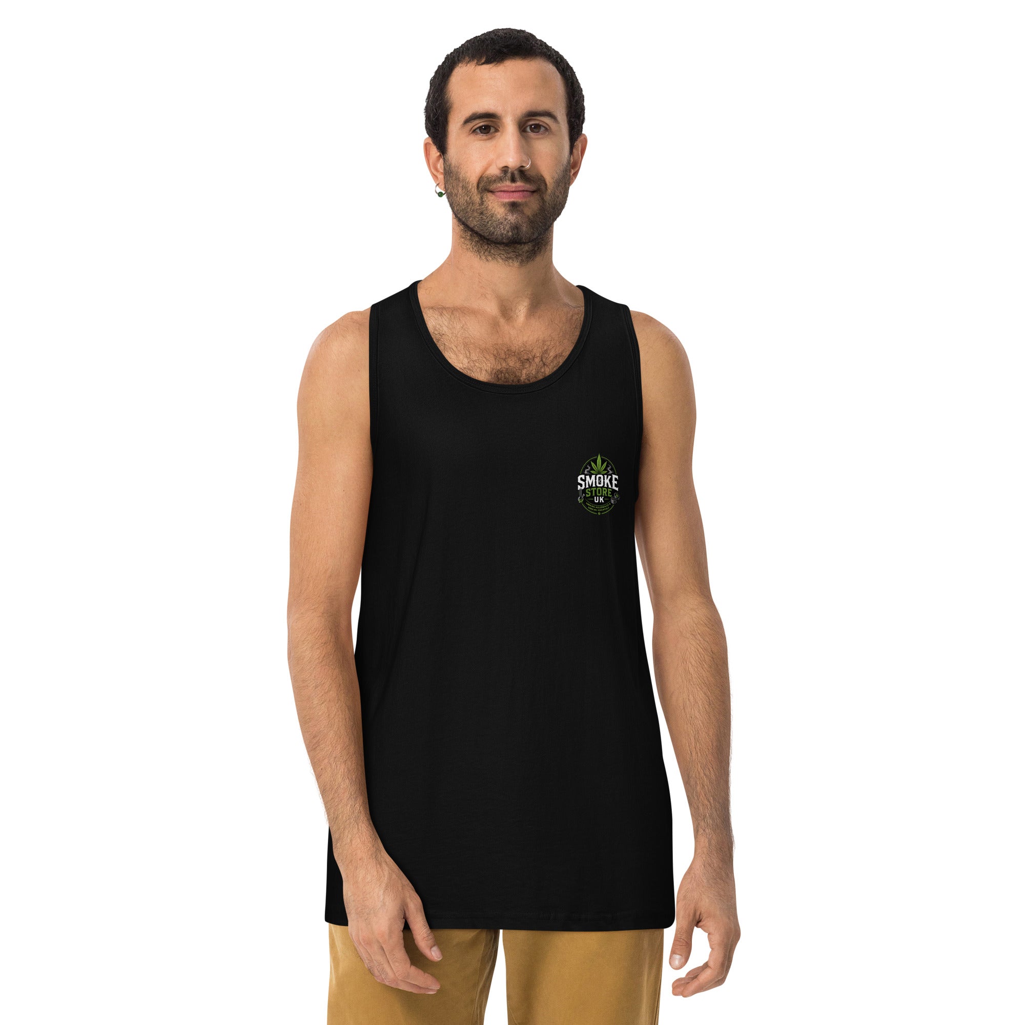 Men's premium black tank top on model, sleeveless scoop neck with chest logo